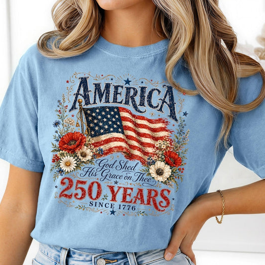 Patriotic Floral T-Shirt | 250th Anniversary Flag & Poppies Tee