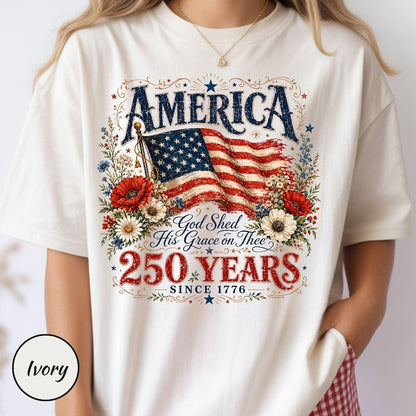 Patriotic Floral T-Shirt | 250th Anniversary Flag & Poppies Tee