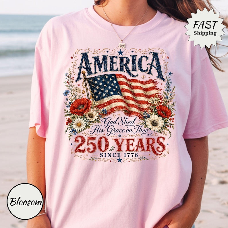 Patriotic Floral T-Shirt | 250th Anniversary Flag & Poppies Tee