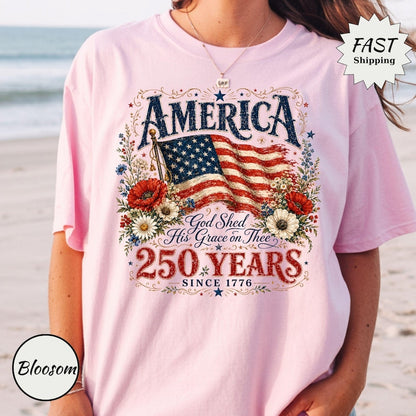 Patriotic Floral T-Shirt | 250th Anniversary Flag & Poppies Tee