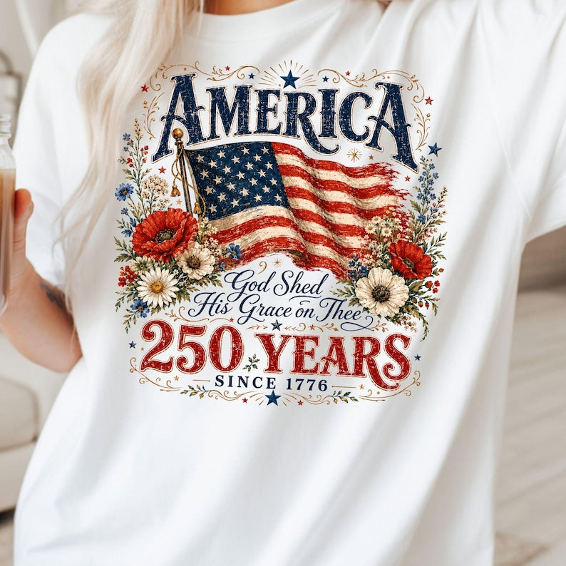 Patriotic Floral T-Shirt | 250th Anniversary Flag & Poppies Tee