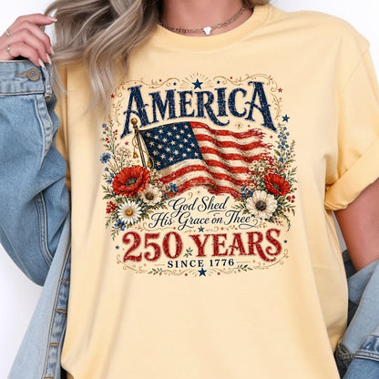 Patriotic Floral T-Shirt | 250th Anniversary Flag & Poppies Tee